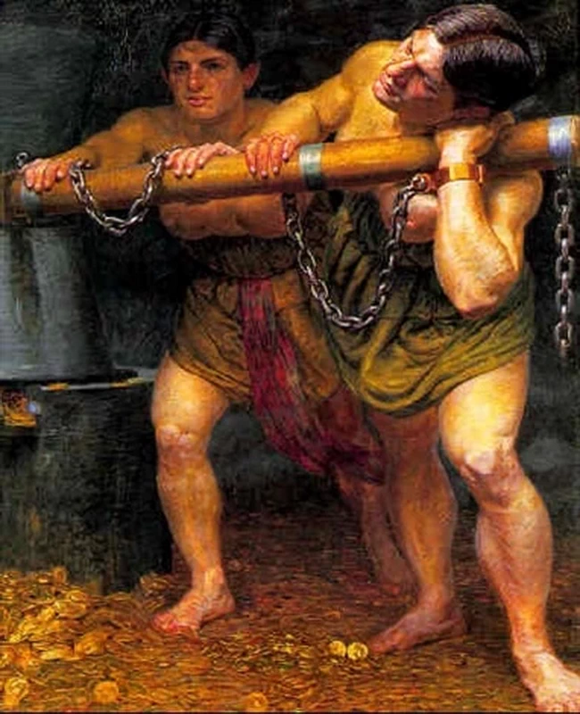 Kristian Zahrtmann - Le gigantesse Fenja e Menja dipingono d'oro per Frode Fredegod, 1906